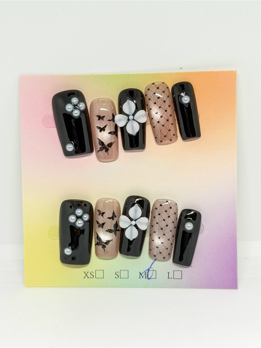 Handmade Black and Nude Press-On Nail Set with Pearls and Butterfly Accents